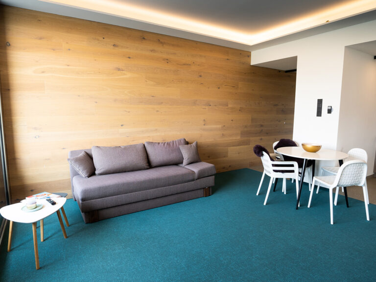 Das Bild zeigt den Wohn- und Essbereich in Apartment 4. Holzvertäfelte Wand, petrolfarbener Teppich, graues Sofa, Tisch und Stühle.