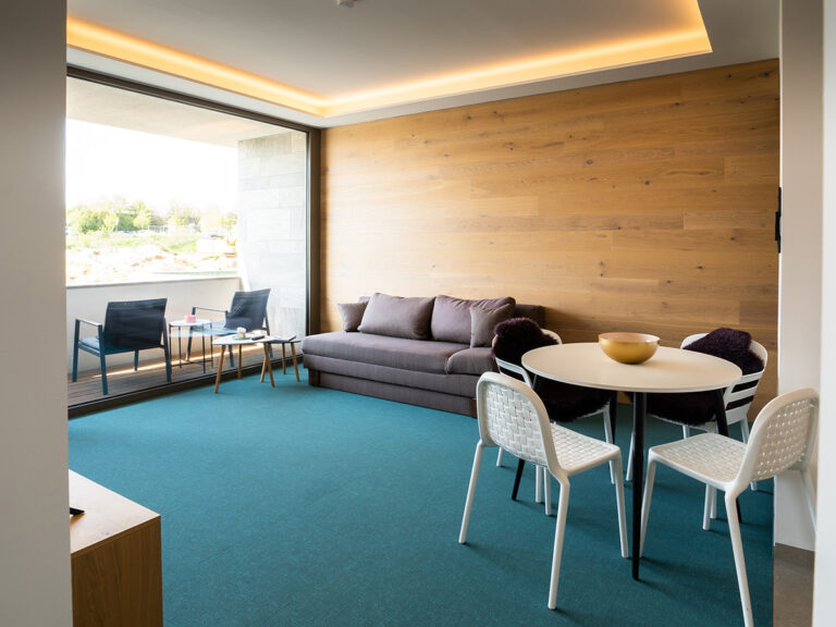Das Bild zeigt den Wohn- und Essbereich in Apartment 4. Holzvertäfelte Wand, petrolfarbener Teppich, graues Sofa, Tisch und Stühle. Im Hintergrund möblierter Balkon.