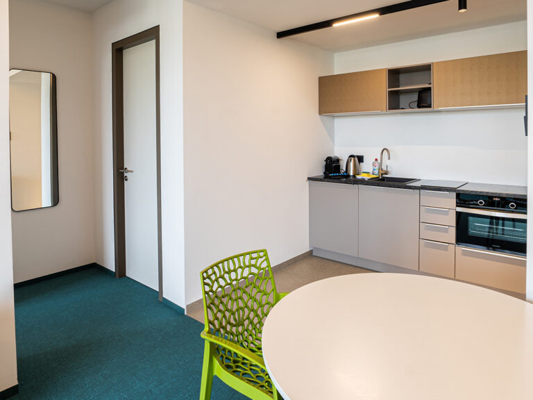 Das Bild zeigt die offene Küche in Apartment 5. Küchenzeile mit E-Herd, Spüle und Wasserkocher/Kaffeemaschine sowie Sitzgruppe und im Hintergrund Flur zum Bad und Schlafzimmer.