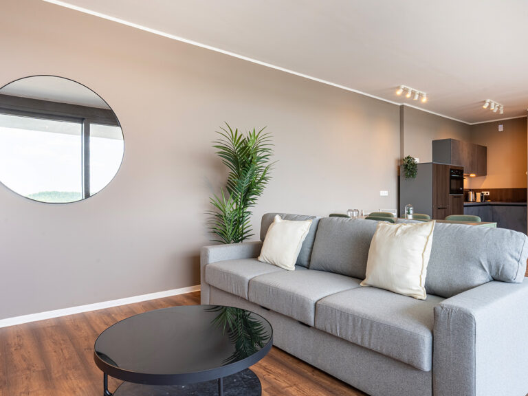 Wohnbereich in Apartment 3 und 7 mit schwarzem Couchtisch und grauer Couch, im Hintergrund Küchenecke.
