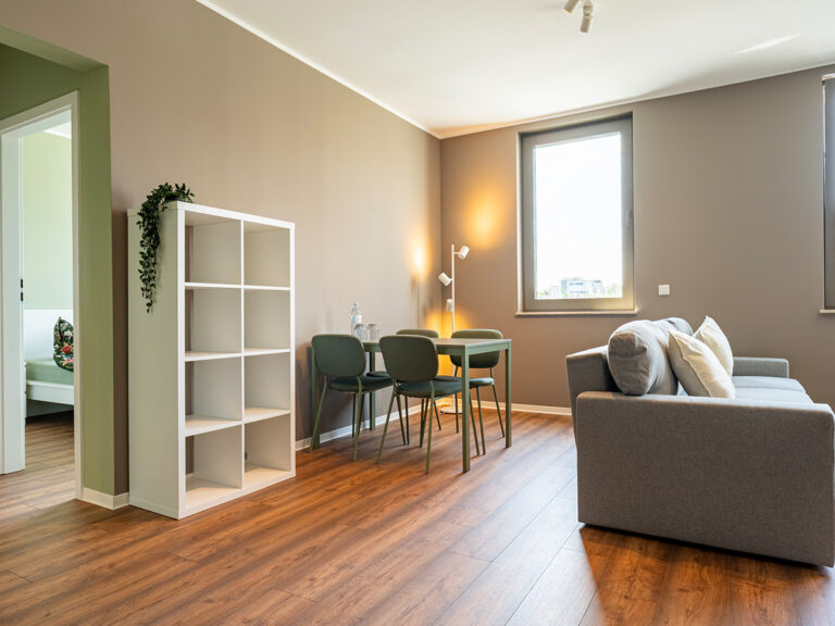 Wohnbereich in Apartment 8 mit Esstisch und Stühlen, Sofa und Regal.