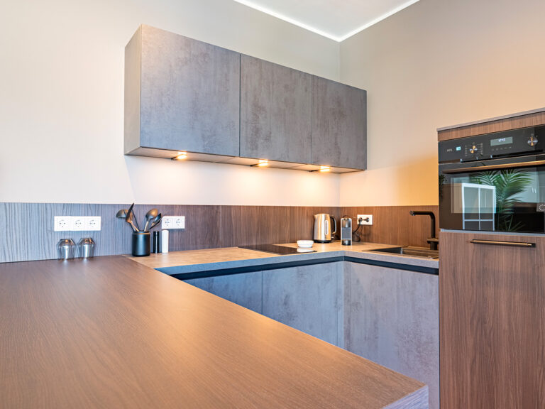 Das Bild zeigt eine Küchenecke in einem Haus-6-Apartment, Mit grauen Fronten, Herd und einigen Küchenutensilien.