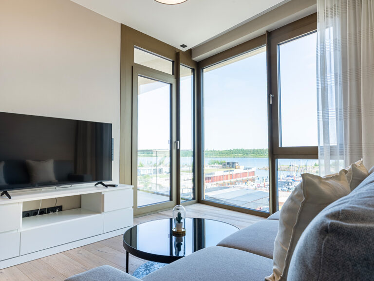 Wohnzimmer in Apartment 3 in Haus 8: Holzfußboden, graue Couch, weißer Schrank mit Flachbild-TV, im Hintergrund Hafen und See.