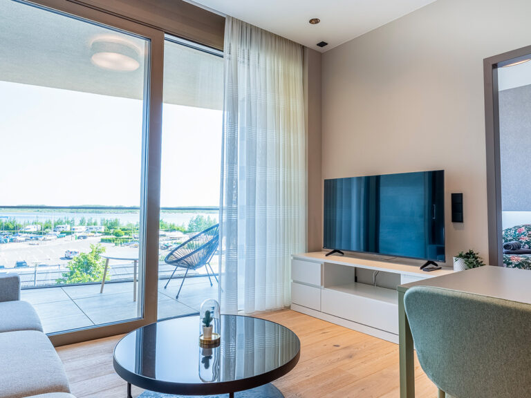 Wohnzimmer in Apartment 4 in Haus 8: Holzfußboden, graue Couch, weißer Schrank mit Flachbild-TV, im Hintergrund Hafen und See.